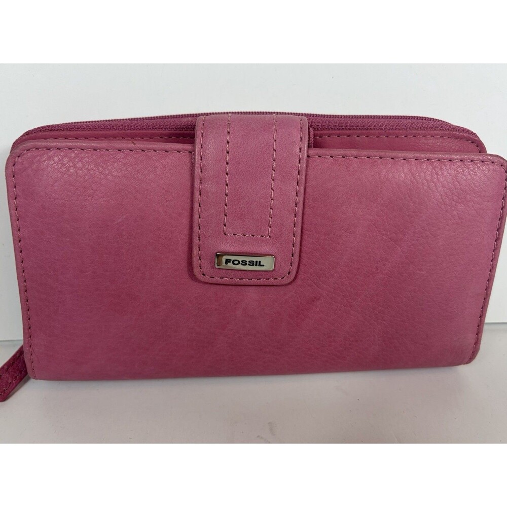 Fossil Ladies Wallet Genuine Leather Bifold Glove Zip Around Pink 7.5” X 4”